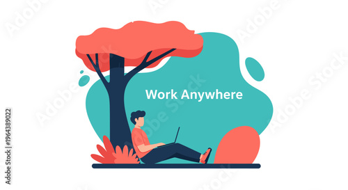 A stylish illustration depicts a person working on a laptop under a tree, symbolizing the ultimate flexibility and freedom of remote work from any location.