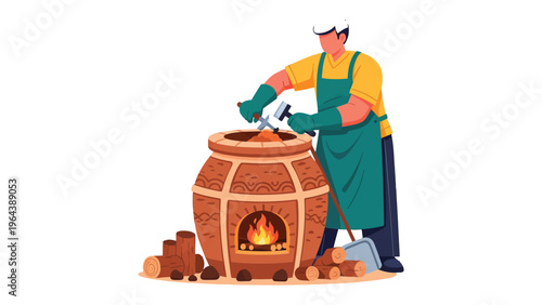 Artisan at Work: An artisan meticulously tends to a vibrant, glowing kiln, showcasing dedication and craftsmanship, with wooden logs nearby awaiting their transformation.