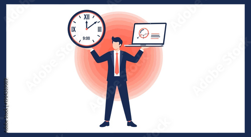 A professional businessman adeptly balances a large clock and a laptop, symbolizing efficient time management, productivity, and work-life harmony.