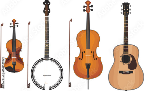 String musical instruments set including violin banjo cello and acoustic guitar, classic music collection illustration for education and entertainment design – vector illustration