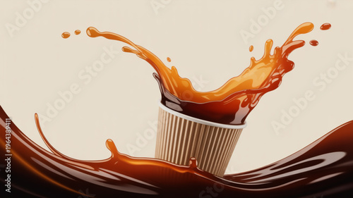 Brown liquid splashing out of a disposable cup on a beige background dynamic coffee spill