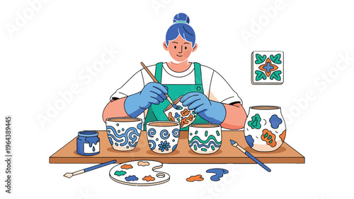 Artisan's Artistic Expression: An artisan intently focuses on hand-painting a series of ceramic pots, meticulously applying intricate patterns with a brush.