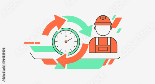 This modern flat illustration depicts a worker engaged in an efficient time management process, symbolizing productivity and continuous improvement in the workplace.