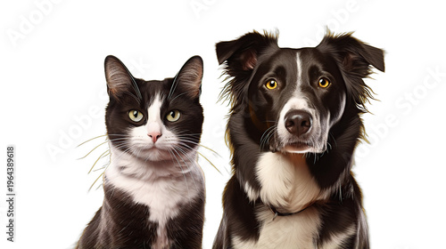 Two Adorable Domestic Pets: A Black-and-White Cat And A Brown-White Dog Sit Together