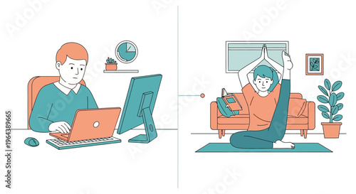 This modern illustration skillfully contrasts demanding computer work with serene home yoga, promoting a balanced and healthy lifestyle.