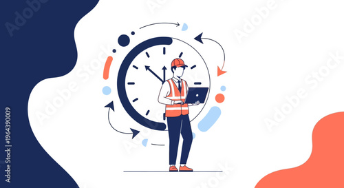 A dedicated engineer in safety gear efficiently manages project schedules using a laptop, symbolizing effective time organization and productive workflow.