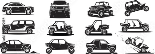 Off-road vehicle silhouette set featuring various 4x4 trucks SUVs and rugged buggies vector illustration isolated on white background for automotive adventure designs.