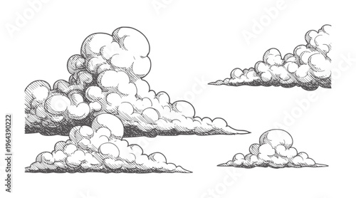 Four distinct hand drawn clouds in varying sizes and shapes vintage monochrome grey