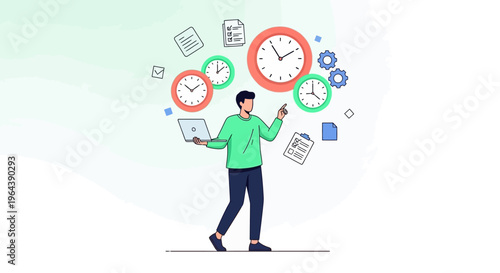 An energetic individual adeptly manages multiple tasks and deadlines, surrounded by clocks and documents, symbolizing efficient productivity and strategic organization.