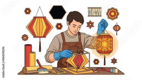 Crafting Lanterns: An artisan meticulously assembles vibrant, intricately designed lanterns. a harmonious blend of craftsmanship and cultural tradition.