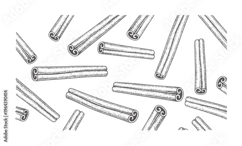 Hand drawn cinnamon sticks scattered across a white spice ingredient food baking