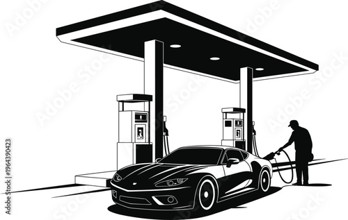 Sleek sports car being refueled at a gas station by a worker silhouette vector illustration isolated on white background for automotive design.