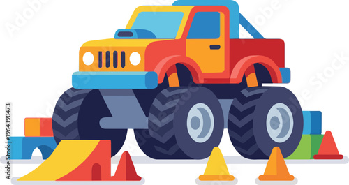 Colorful flat design illustration of a powerful monster truck tackling an obstacle course with ramps