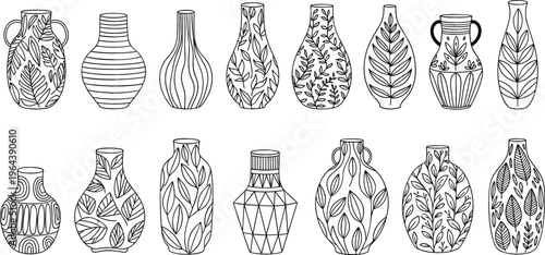 Decorative ceramic vase vector set featuring hand drawn pottery with floral and geometric patterns in black line art style