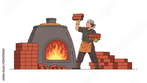 Craftsman and Brick Kiln: A skilled craftsman expertly organizes freshly made bricks near a blazing kiln, highlighting the traditional method of building and craftsmanship.