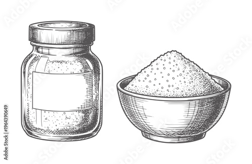 Hand drawn of granular substance in a jar and bowl ingredient