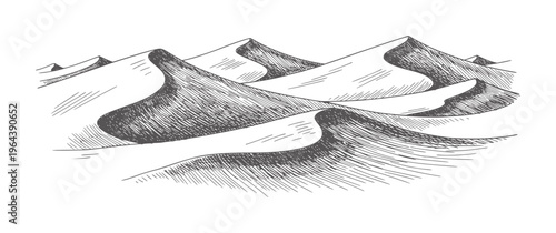 Hand drawn of rolling desert sand dunes with textured shading landscape monochrome