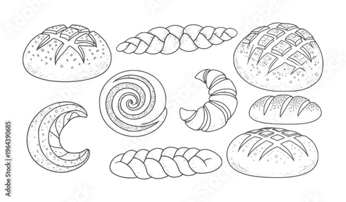 Hand drawn of various baked goods including breads croissants and swirls pastry