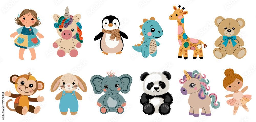 Obraz premium Cute cartoon animals and dolls in cheerful poses. Each character radiates playful joy and innocence. Perfect for children's products or educational materials. Ideal for illustrations, games
