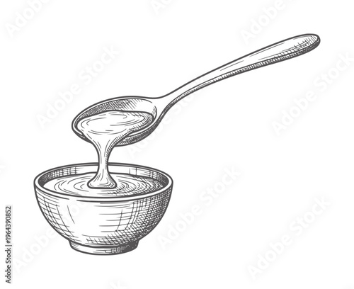 Hand drawn spoon pouring liquid into a bowl vintage