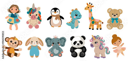 Cute cartoon animals and dolls in cheerful poses. Each character radiates playful joy and innocence. Perfect for children's products or educational materials. Ideal for illustrations, games