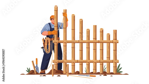Bamboo Fence Craft: A skilled craftsman meticulously constructs a traditional bamboo fence, expertly interlacing the natural materials to create a boundary. 
