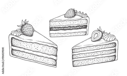 Three slices of layered cake with strawberries and cream frosting dessert strawberry