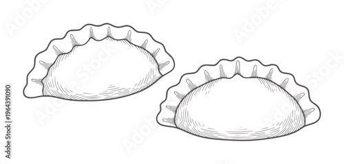Two hand drawn pierogi dumplings with crimped edges food pastry dough