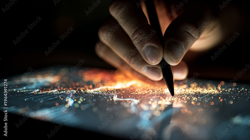 Obraz premium A person uses a stylus to draw on a digital tablet at night