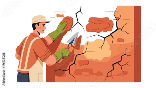 Wall Repair: A skilled craftsman meticulously repairs a damaged wall, applying plaster with care and precision, symbolizing construction, restoration, and the art of renewal.