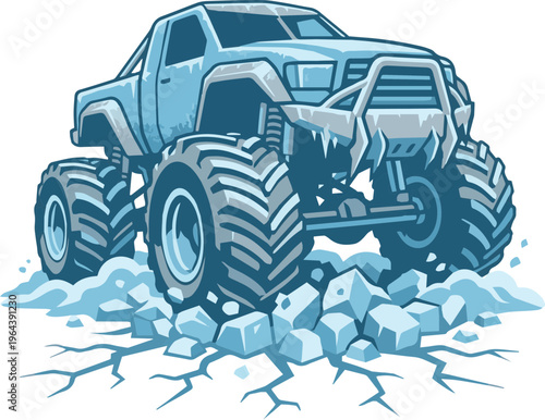 Dynamic monster truck illustration with massive wheels crushing ground terrain – powerful off-road vehicle design concept