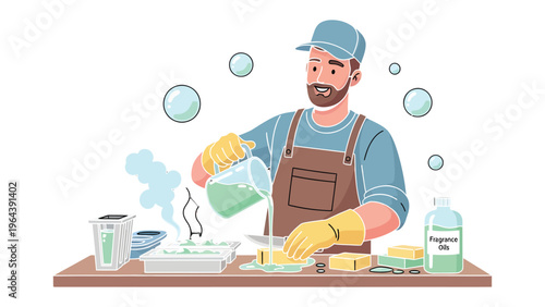 Artisan Soap Maker: A skilled craftsman meticulously crafts handcrafted soap, pouring ingredients with precision. This scene evokes the essence of homemade beauty.