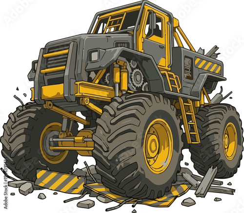 Dynamic monster truck design with oversized tires crushing concrete debris illustration