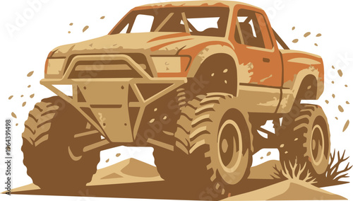 Powerful monster truck design illustration kicking up dust and mud off-road, vector art