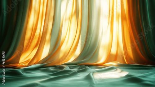 Warm sunlight filters through flowing curtains illuminating a peaceful room's fabric