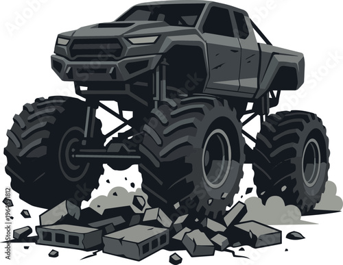 Aggressive monster truck design illustration crushing debris. powerful off-road vehicle vector graphic.