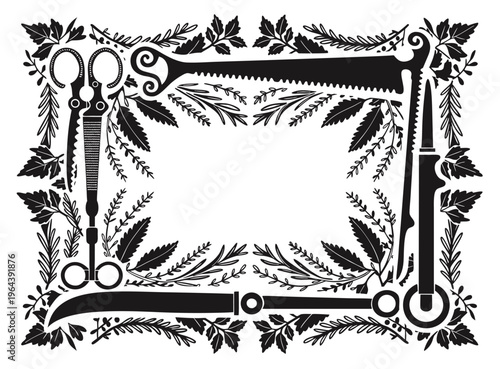 Vintage Surgical Tool Frame EPS Vector Antique Medical Instrument Border Linocut Style Botanical Leaves Black Silhouette
