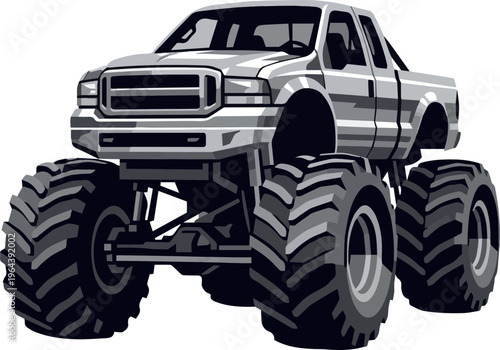 Massive gray monster truck vector illustration with aggressive stance, perfect for off-road events or motorsport branding designs