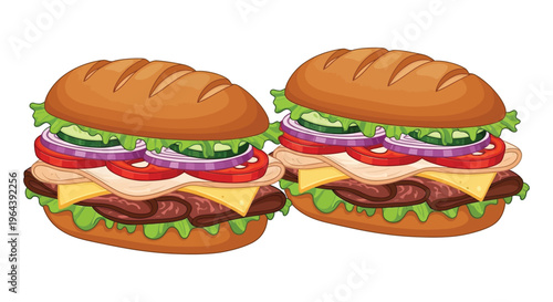 Two delicious large submarine sandwiches filled with fresh ingredients
