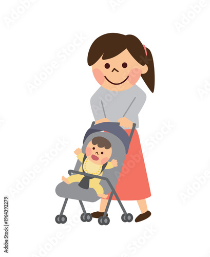 ベビーカーに乗った赤ちゃんと女性