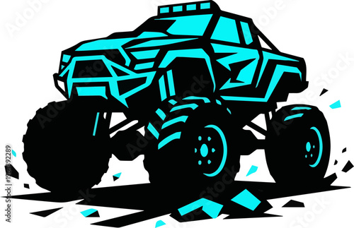 Powerful monster truck design with neon glow silhouette – futuristic off-road vehicle graphic for extreme sports and branding
