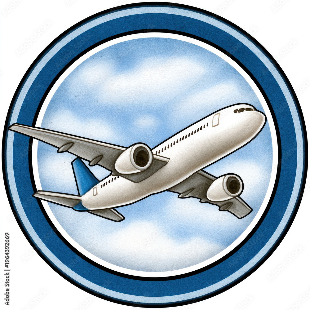 Naklejka premium Illustrated airplane in blue sky emblem with circle border on white background