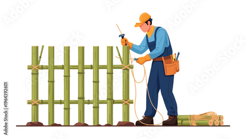 Craftsman constructing a bamboo fence: A skilled craftsman meticulously constructs a bamboo fence, showcasing the blend of craftsmanship with natural materials and outdoor construction.