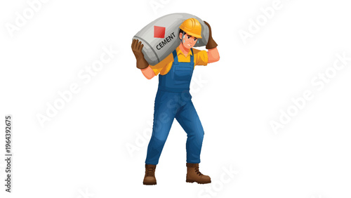 Hard Work: A construction worker is shouldering a heavy bag of cement, capturing a moment of strength and dedication in his work.