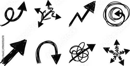 Collection of eight hand drawn black arrows with different styles and directions on a white background