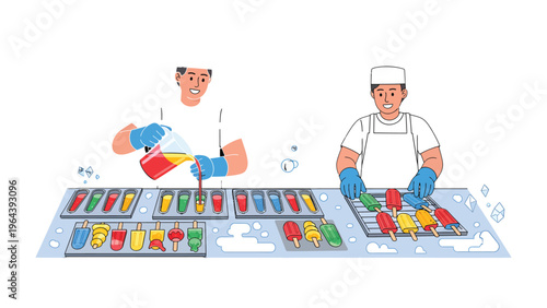Crafting Confections: A vibrant scene captures the meticulous process of popsicle creation. Two artisans are working diligently, carefully pouring liquid ingredients into molds.