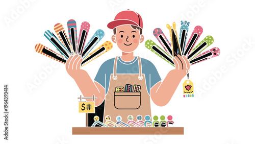 Hair Accessories Seller: An illustration of a cheerful vendor enthusiastically presenting a colorful array of hair accessories at a market stall. Capturing vibrant business essence. 
