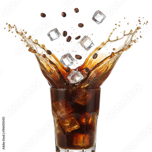 Splashing Cold Brew Coffee with Ice and Coffee Beans in Motion