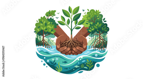 Global Hands Nurturing Mangrove Seedling for Environmental Protection, Nature Conservation, Sustainable Future, and Ecosystem