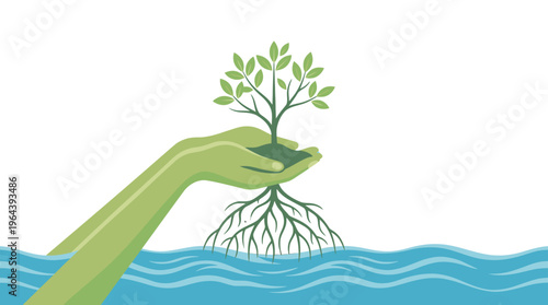 Green Hand Holding Tree with Roots in Water. Sustainable Environment, Ecological Growth, Water Conservation.